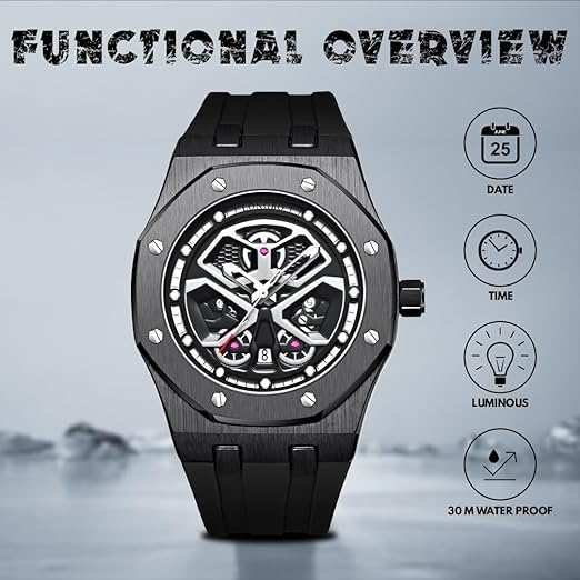 Endurance Series Skeleton Hollow Design Analog Quartz Watch for Men with Silicon Strap and Octagonal Alloy Case with Screw Detailing | Gift for Men