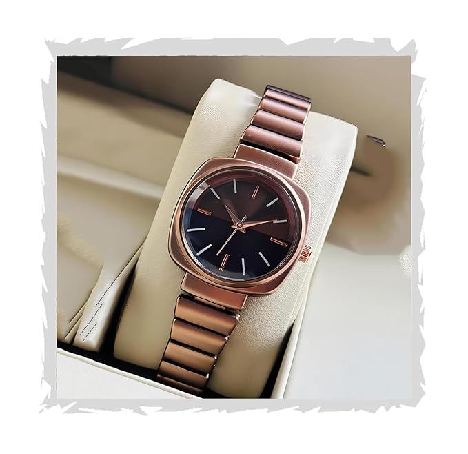 Unique Design Elements (Round face in Square Frame, 5 Color Eddy dials & Belt) Steel Chain Strap Stylish Girls Ladies Fashion Wrist Watches Analog Watch for Women