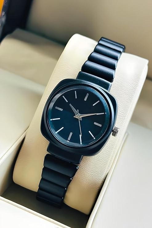 Design Elements (Round face in Square Frame, 5 Color Eddy dials & Belt) Steel Chain Strap Stylish Girls Ladies Fashion Wrist Watches Analog Watch for Women