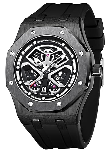 Endurance Series Skeleton Hollow Design Analog Quartz Watch for Men with Silicon Strap and Octagonal Alloy Case with Screw Detailing | Gift for Men