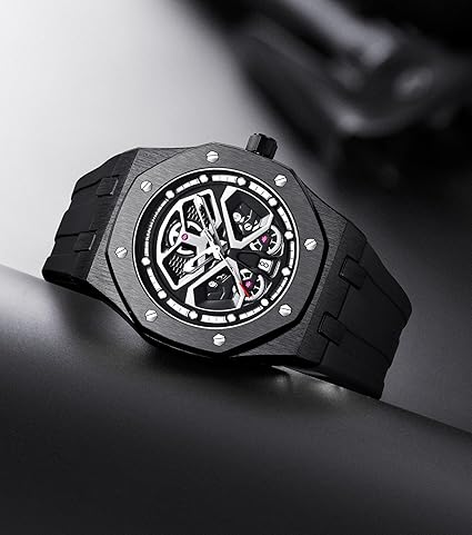 Endurance Series Skeleton Hollow Design Analog Quartz Watch for Men with Silicon Strap and Octagonal Alloy Case with Screw Detailing | Gift for Men